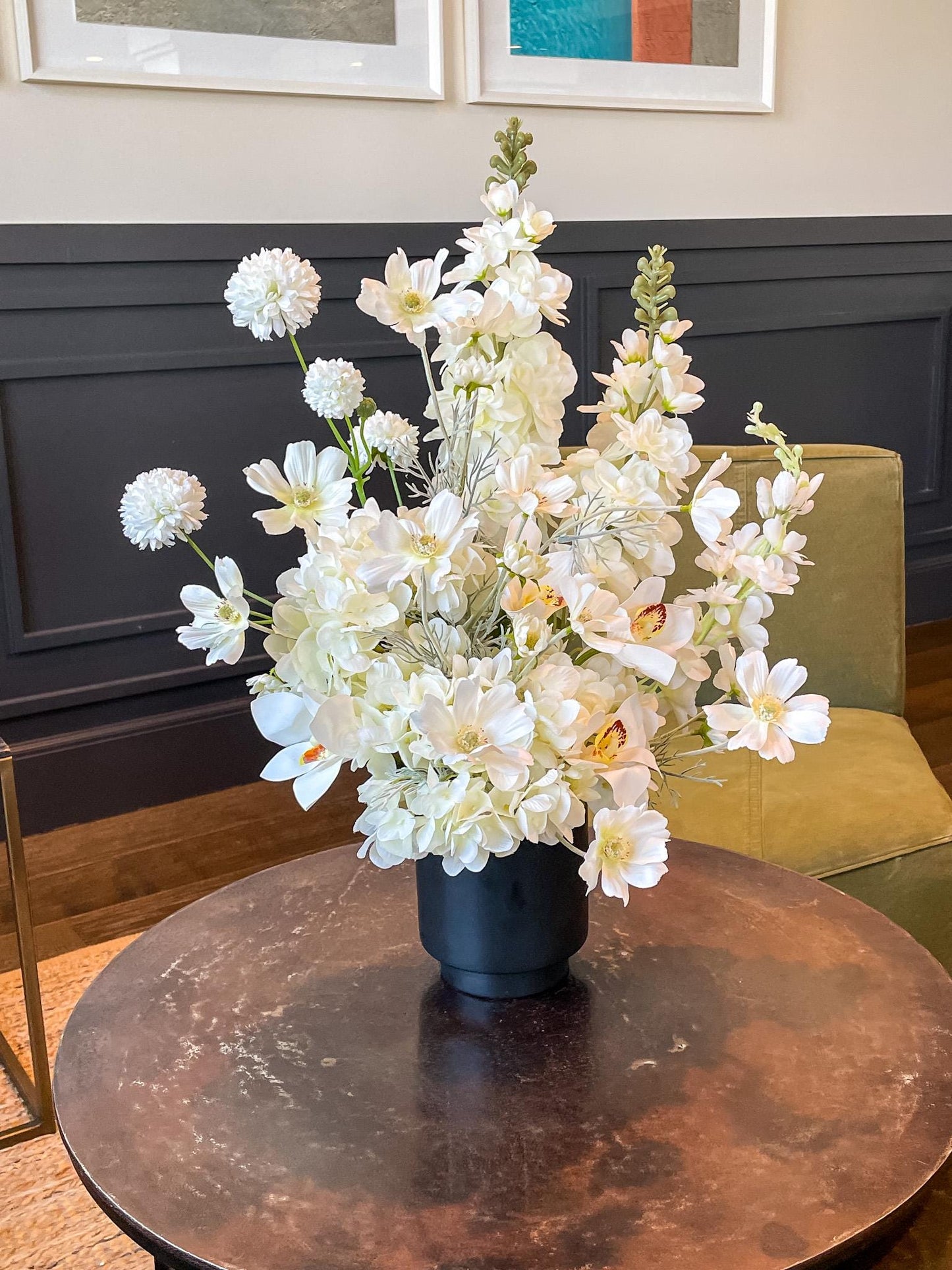 White Silk Flower Arrangement: Orchid, Dahlia & Hydrangea in Black Vase