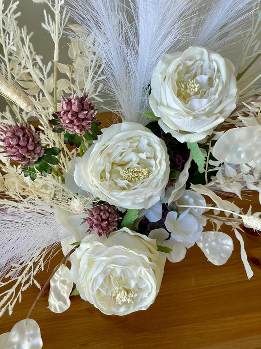 White Silk Flower Arrangement: Pampas Grass Centerpiece in Ceramic Vase