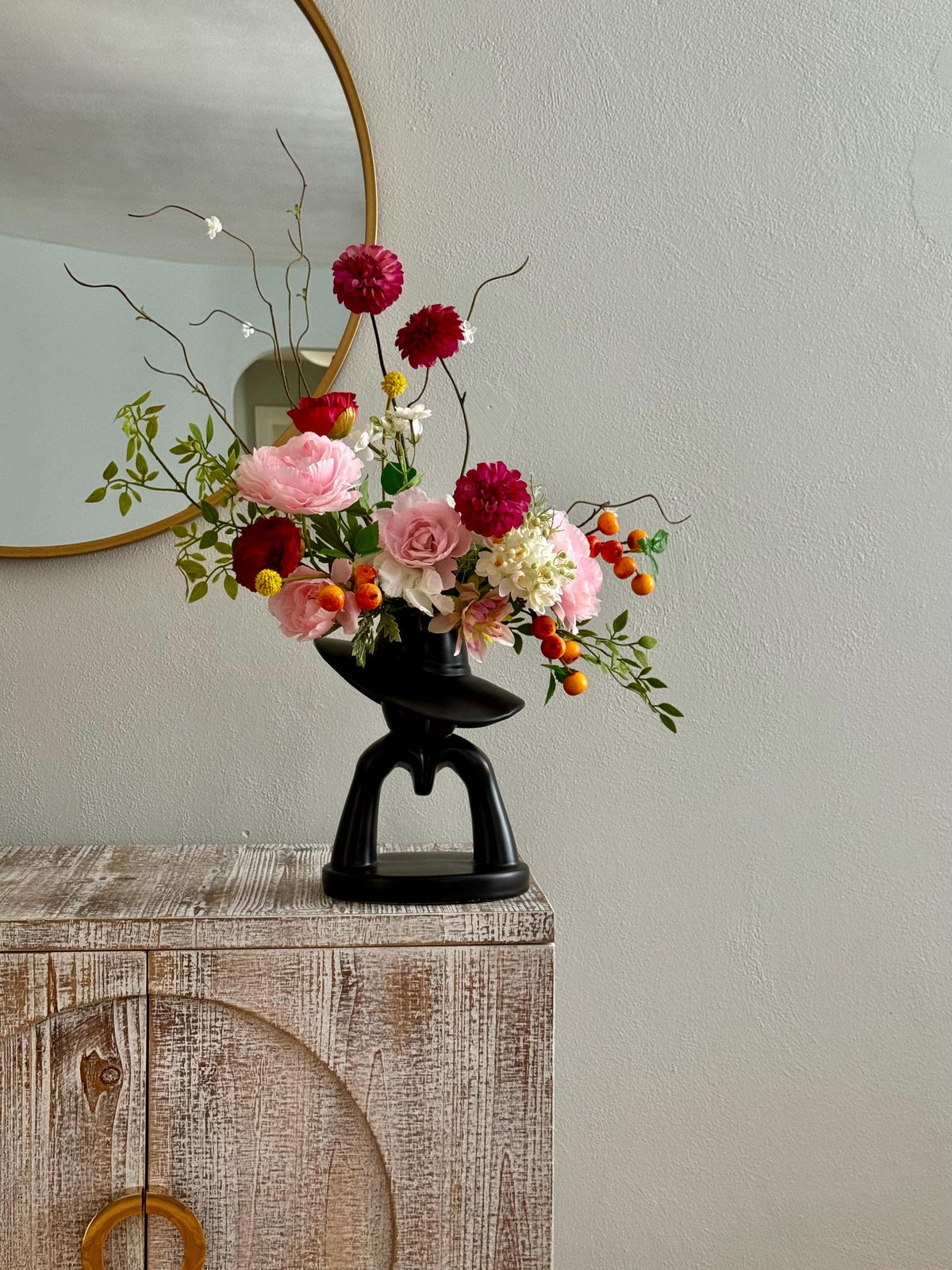 Faux Flower Arrangement, Dahlias, Garden Roses, Black Vase