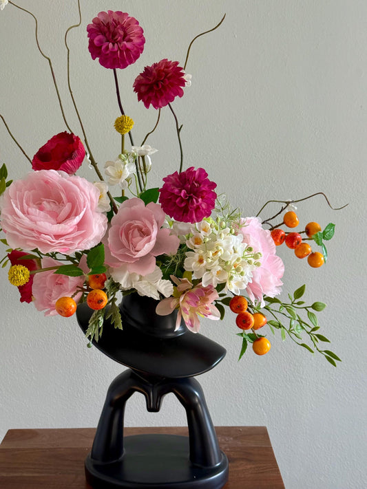 Faux Flower Arrangement, Dahlias, Garden Roses, Black Vase