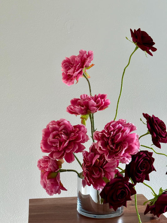 Velvet Rose & Real Touch Peony Faux Floral Arrangement in Glass Vase