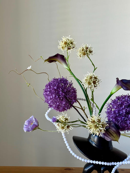 Modern Silk Flower Arrangement in Black Ceramic Vase – Purple Allium, Calla Lilies & Poppies