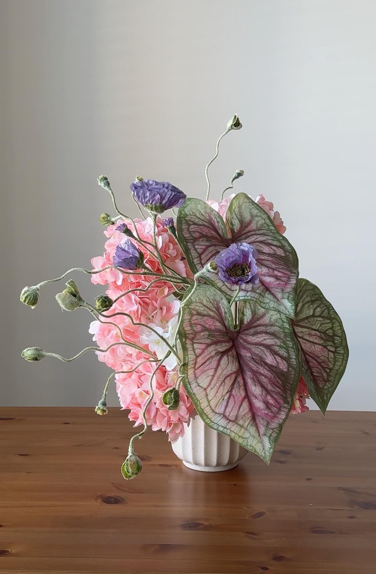 Modern Silk Floral Arrangement: Caladium, Poppy & Hydrangea Centerpiece