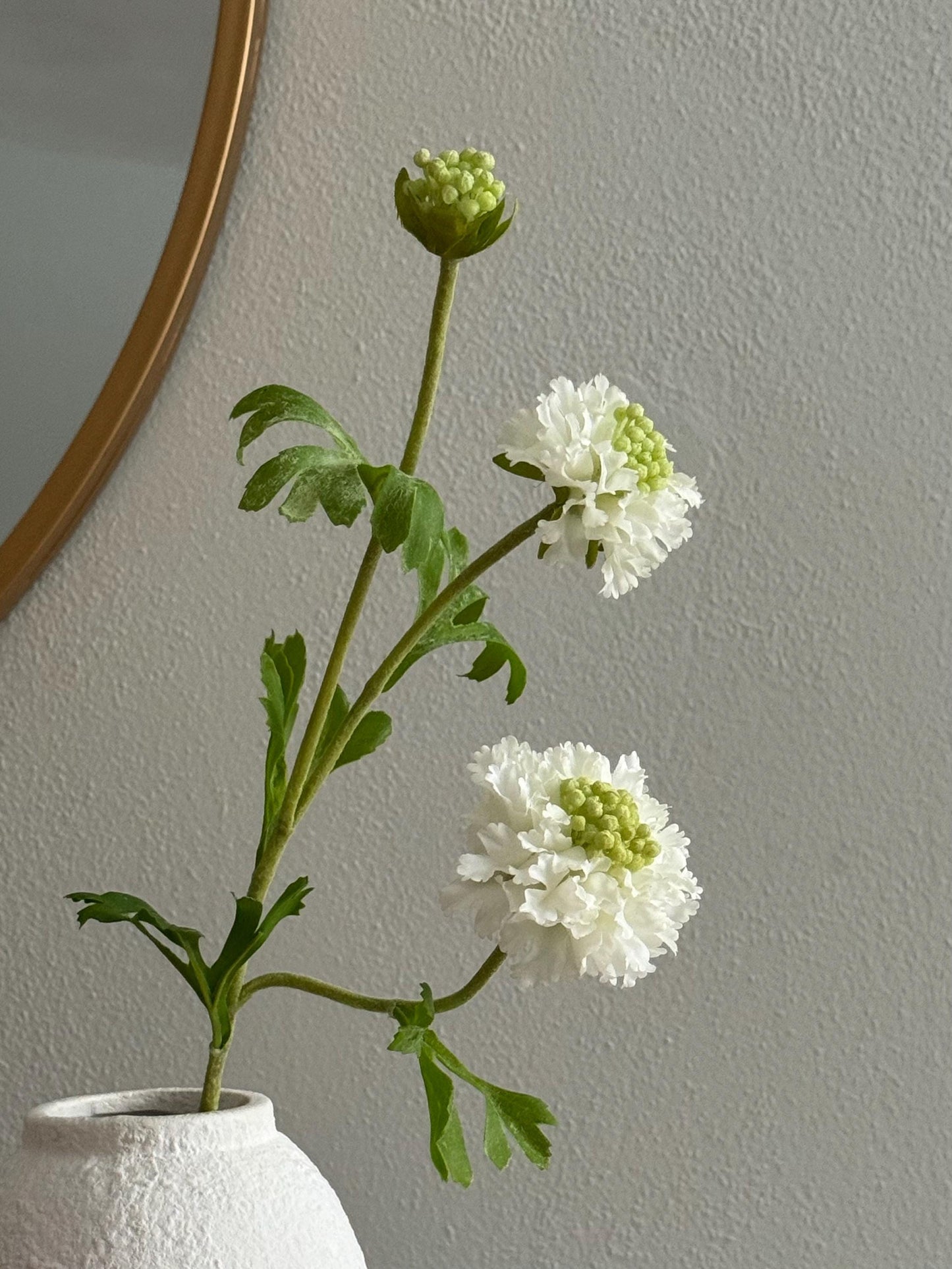 22.5" Artificial White Scabiosa Stem, 3 Head Faux Pincushion Flower, Silk Floral Stem