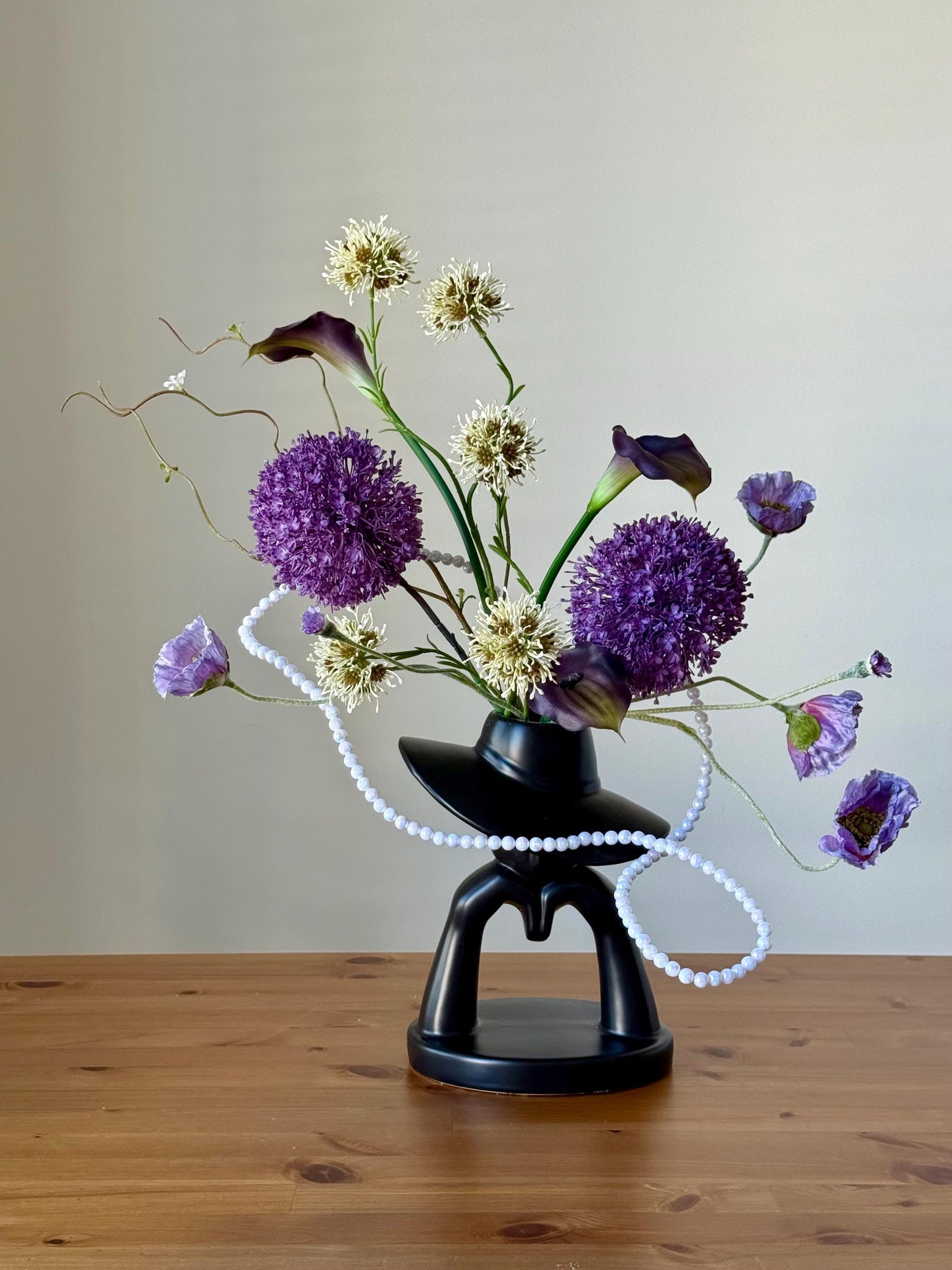 Modern Silk Flower Arrangement in Black Ceramic Vase – Purple Allium, Calla Lilies & Poppies