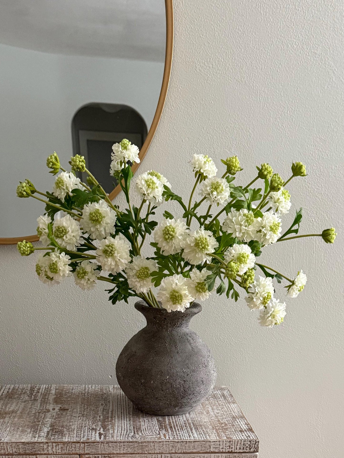 22.5" Artificial White Scabiosa Stem, 3 Head Faux Pincushion Flower, Silk Floral Stem