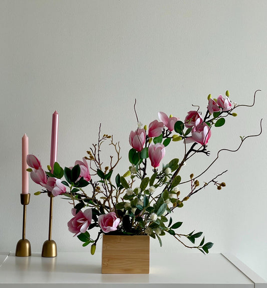 Silk Magnolia Centerpiece: Japanese Minimalist Floral Arrangement in Wood Vase