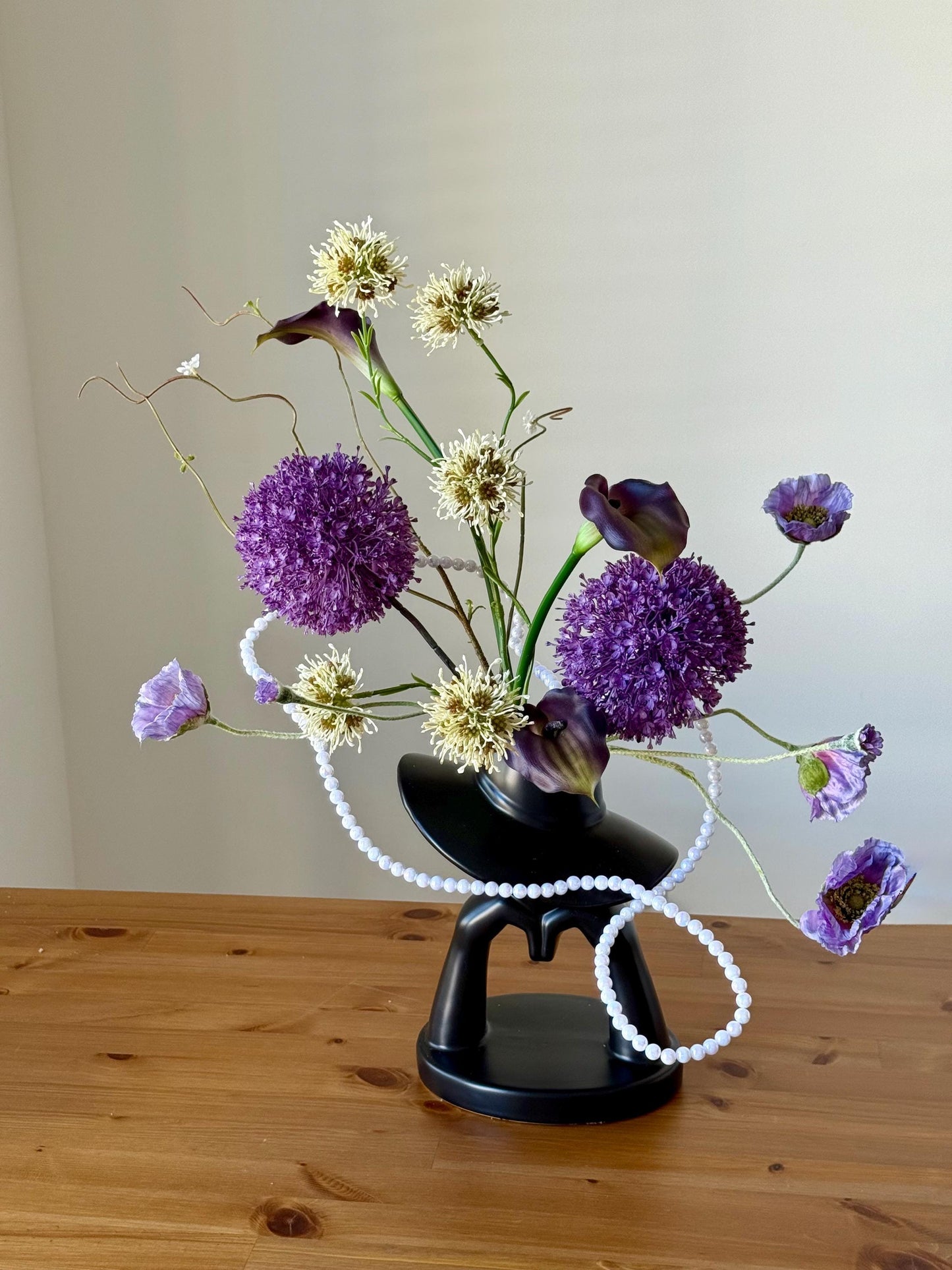 Modern Silk Flower Arrangement in Black Ceramic Vase – Purple Allium, Calla Lilies & Poppies