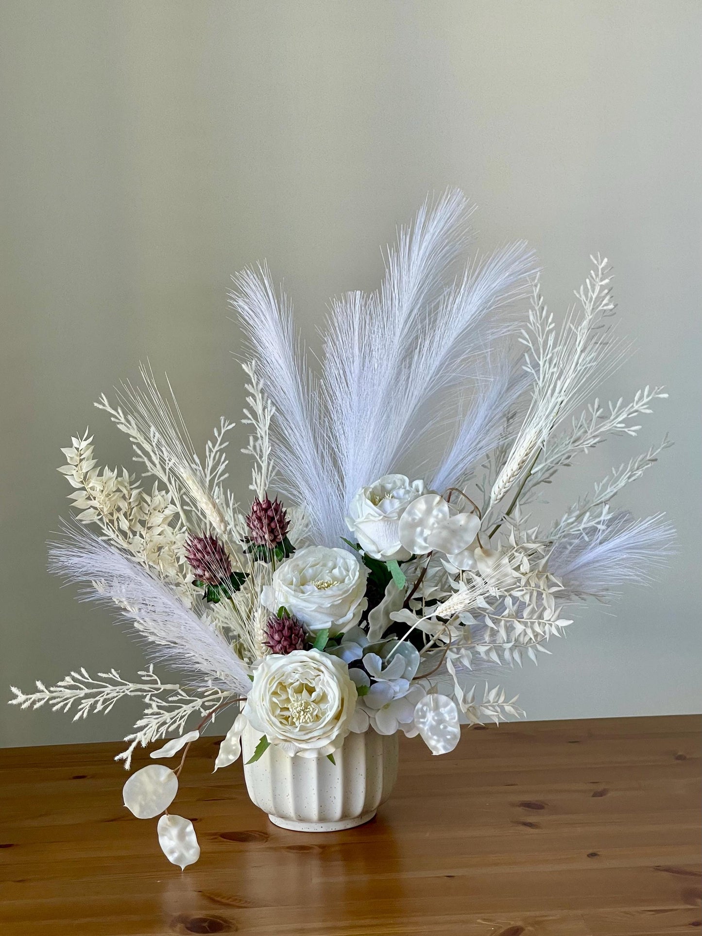 White Silk Flower Arrangement: Pampas Grass Centerpiece in Ceramic Vase