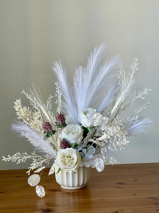 White Silk Flower Arrangement: Pampas Grass Centerpiece in Ceramic Vase