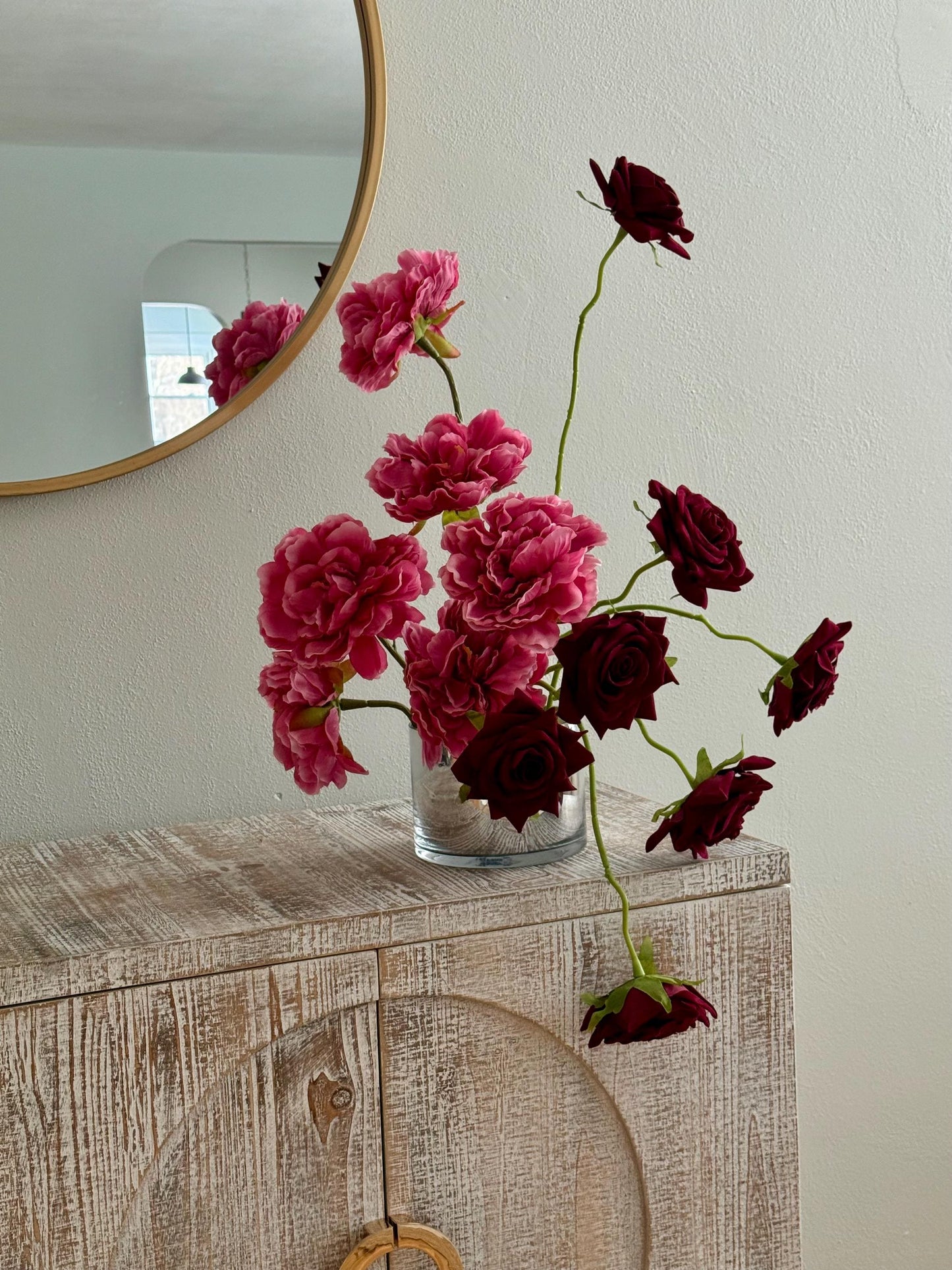 Velvet Rose & Real Touch Peony Faux Floral Arrangement in Glass Vase