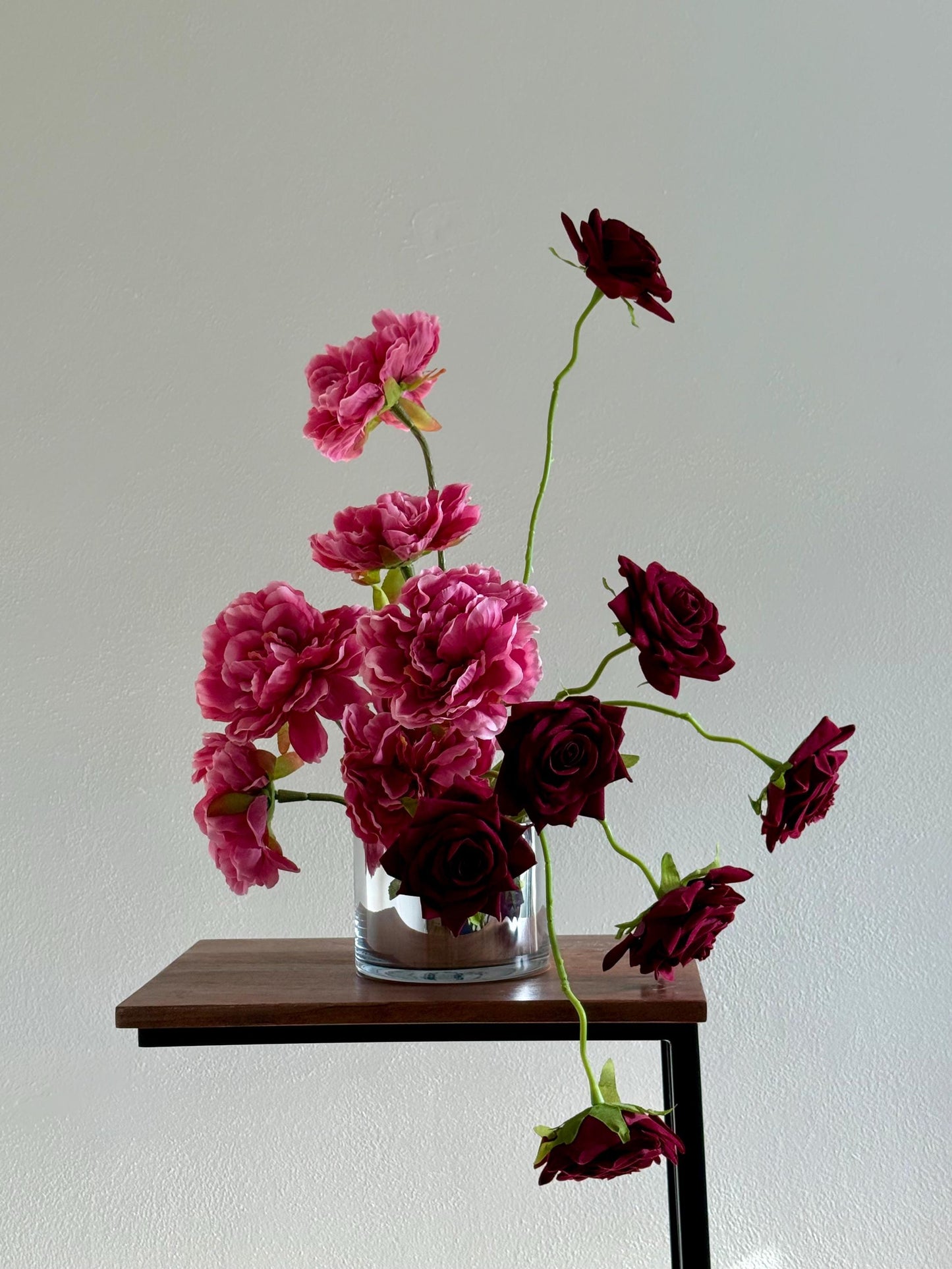 Velvet Rose & Real Touch Peony Faux Floral Arrangement in Glass Vase
