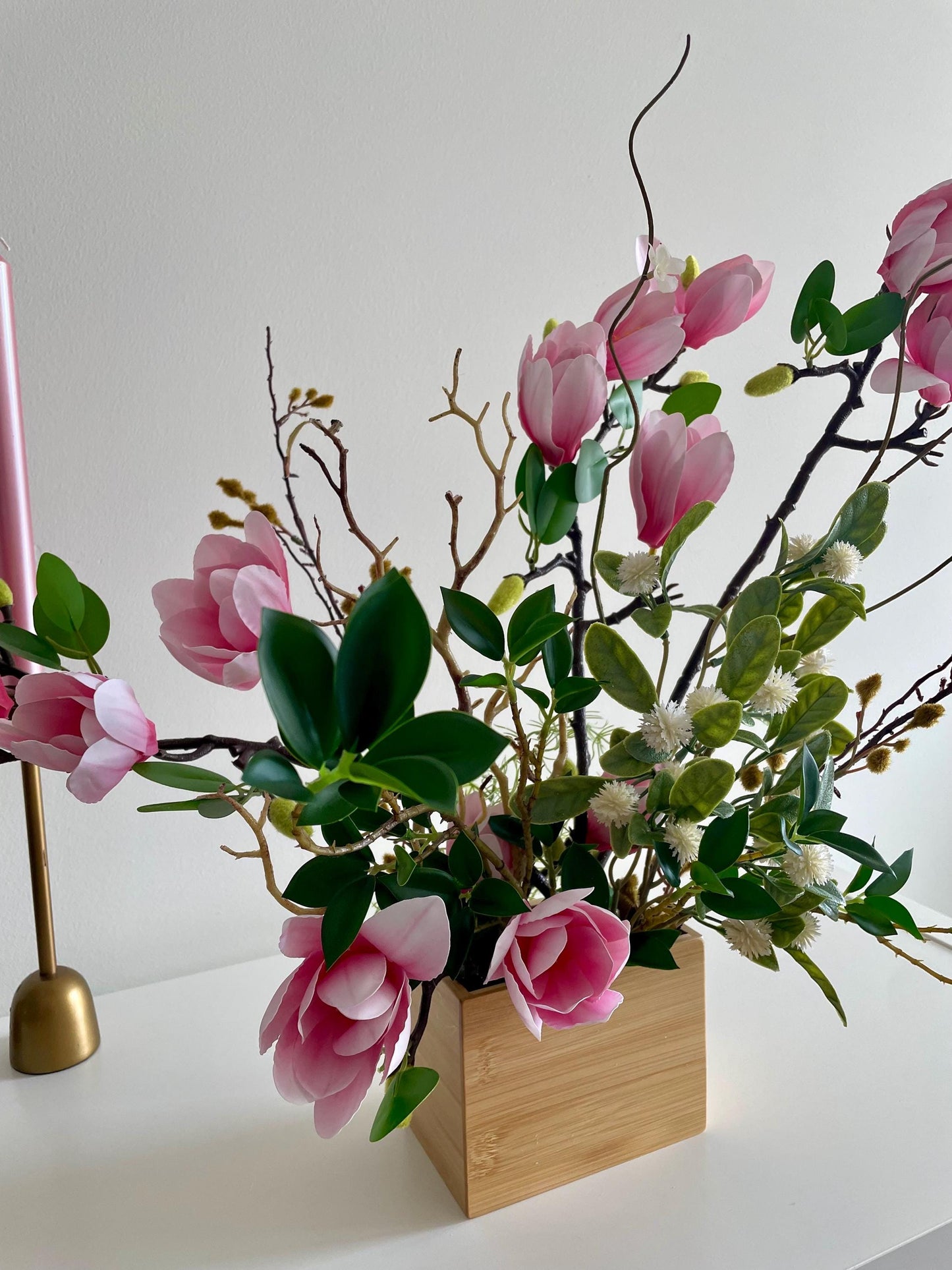 Silk Magnolia Centerpiece: Japanese Minimalist Floral Arrangement in Wood Vase
