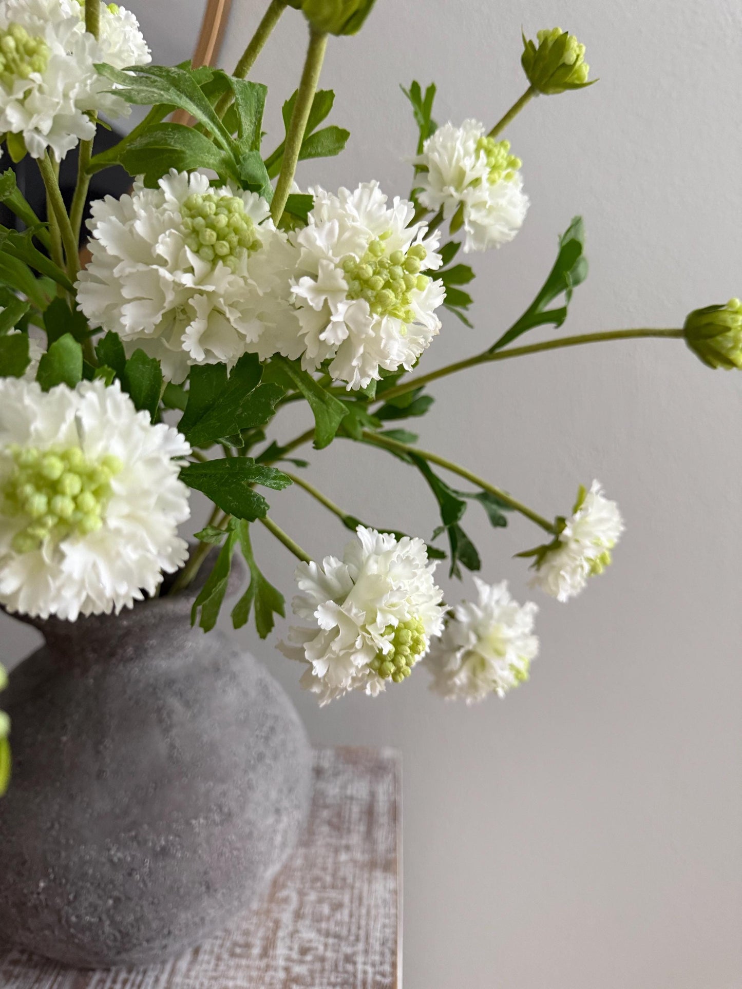 22.5" Artificial White Scabiosa Stem, 3 Head Faux Pincushion Flower, Silk Floral Stem