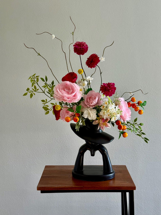 Faux Flower Arrangement, Dahlias, Garden Roses, Black Vase