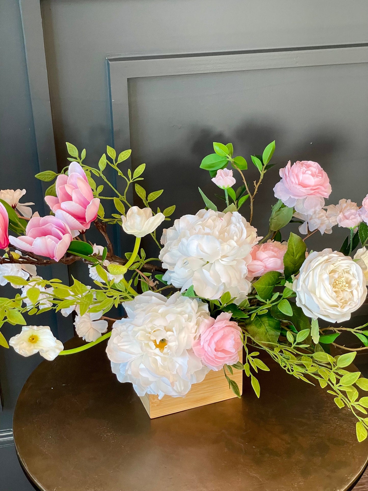 Handmade Magnolia & Rose Arrangement: Real-Touch Silk Flowers in Wood Vase