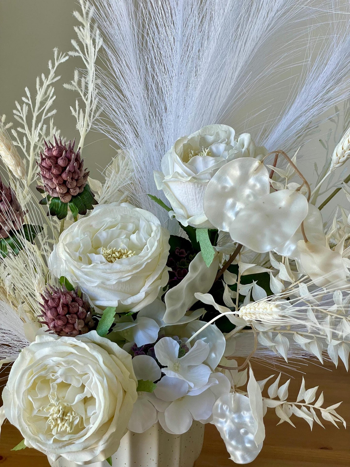 White Silk Flower Arrangement: Pampas Grass Centerpiece in Ceramic Vase