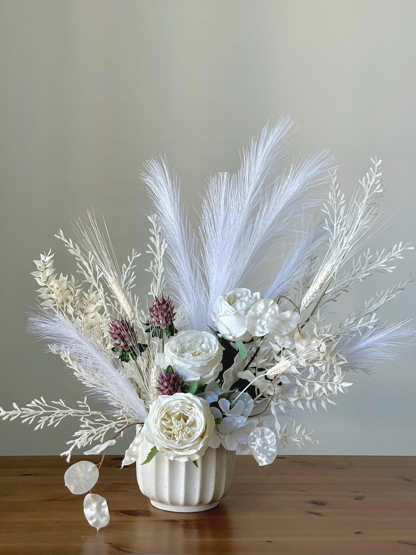 White Silk Flower Arrangement: Pampas Grass Centerpiece in Ceramic Vase