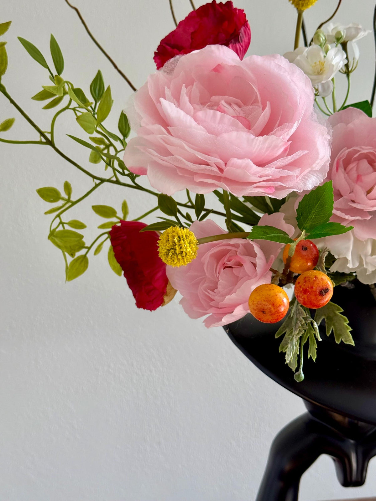 Faux Flower Arrangement, Dahlias, Garden Roses, Black Vase