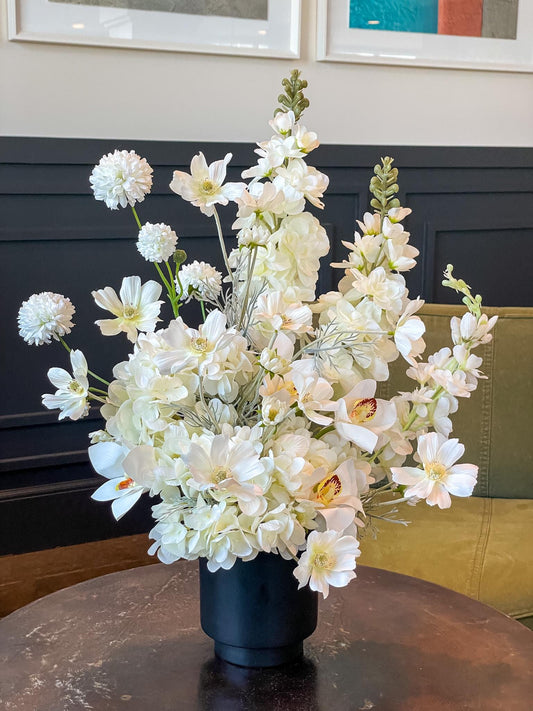 White Silk Flower Arrangement: Orchid, Dahlia & Hydrangea in Black Vase