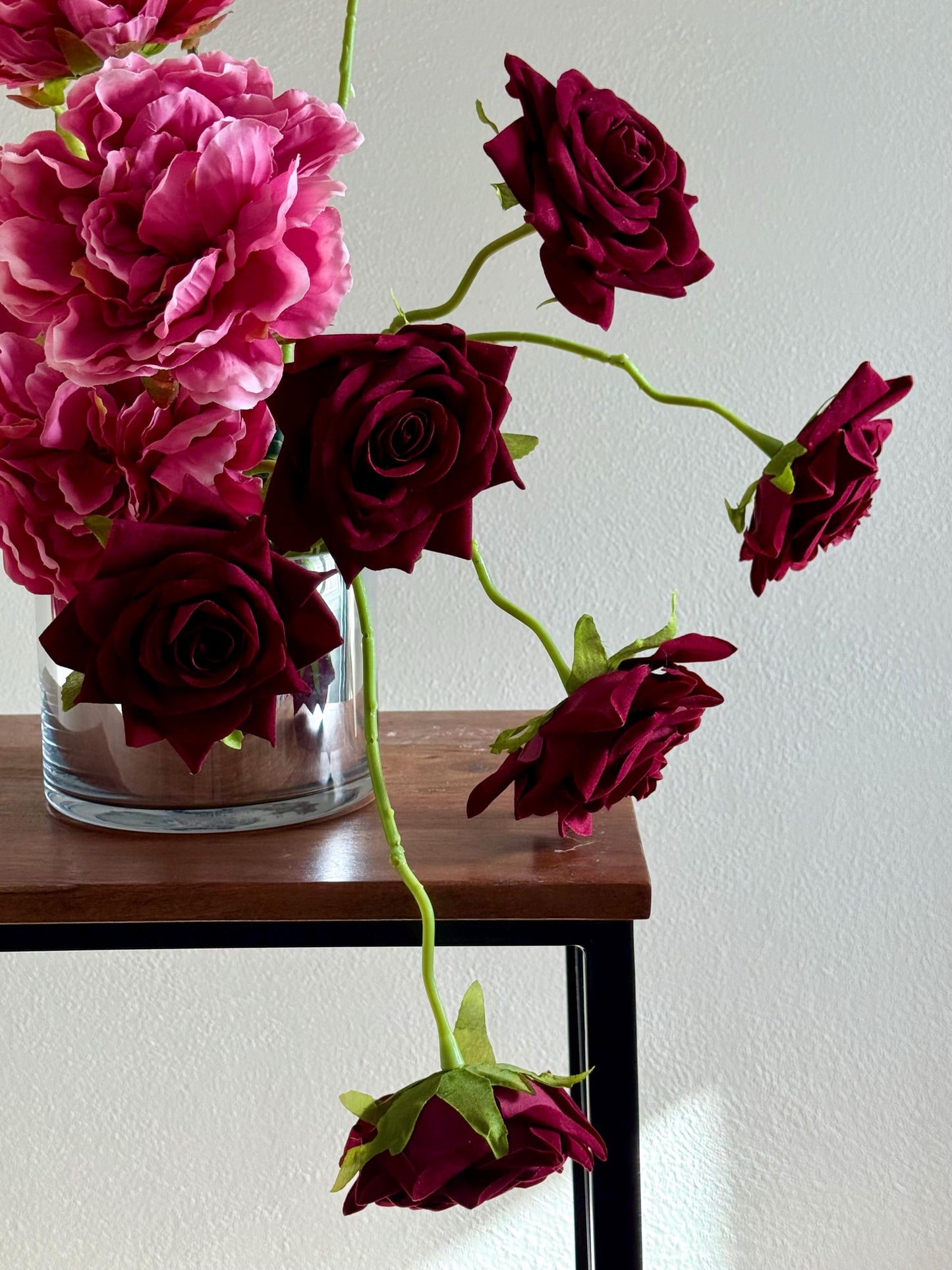 Velvet Rose & Real Touch Peony Faux Floral Arrangement in Glass Vase