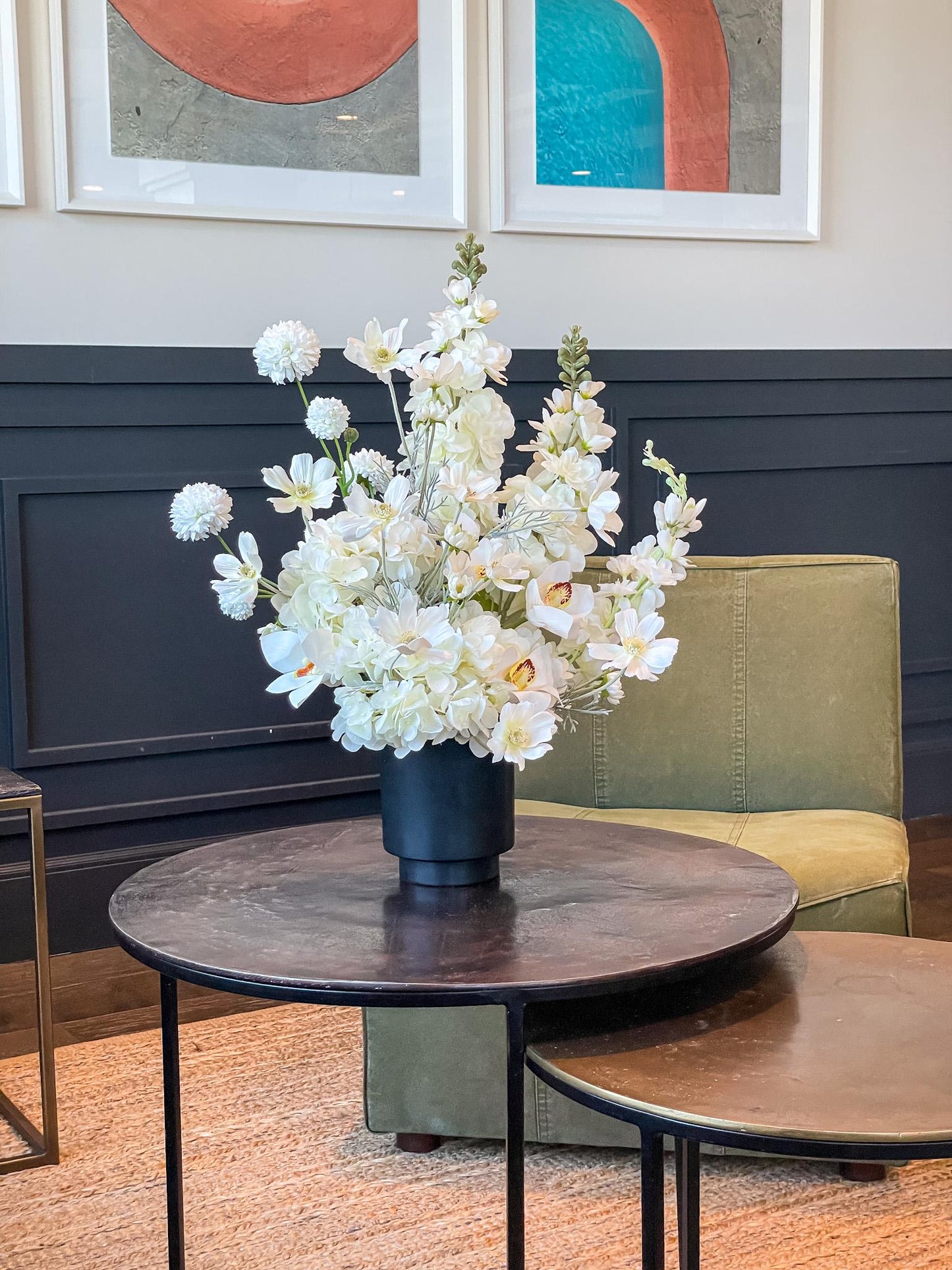 White Silk Flower Arrangement: Orchid, Dahlia & Hydrangea in Black Vase