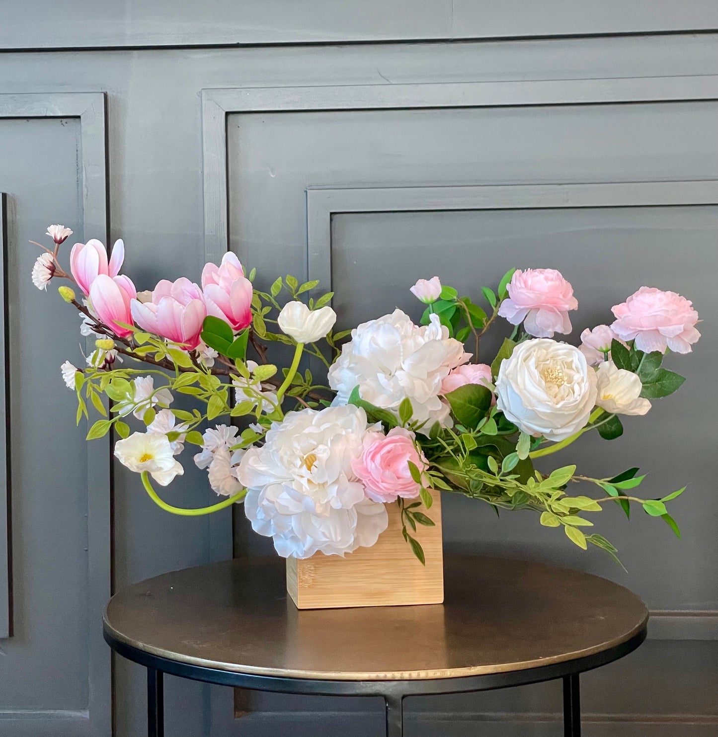 Handmade Magnolia & Rose Arrangement: Real-Touch Silk Flowers in Wood Vase