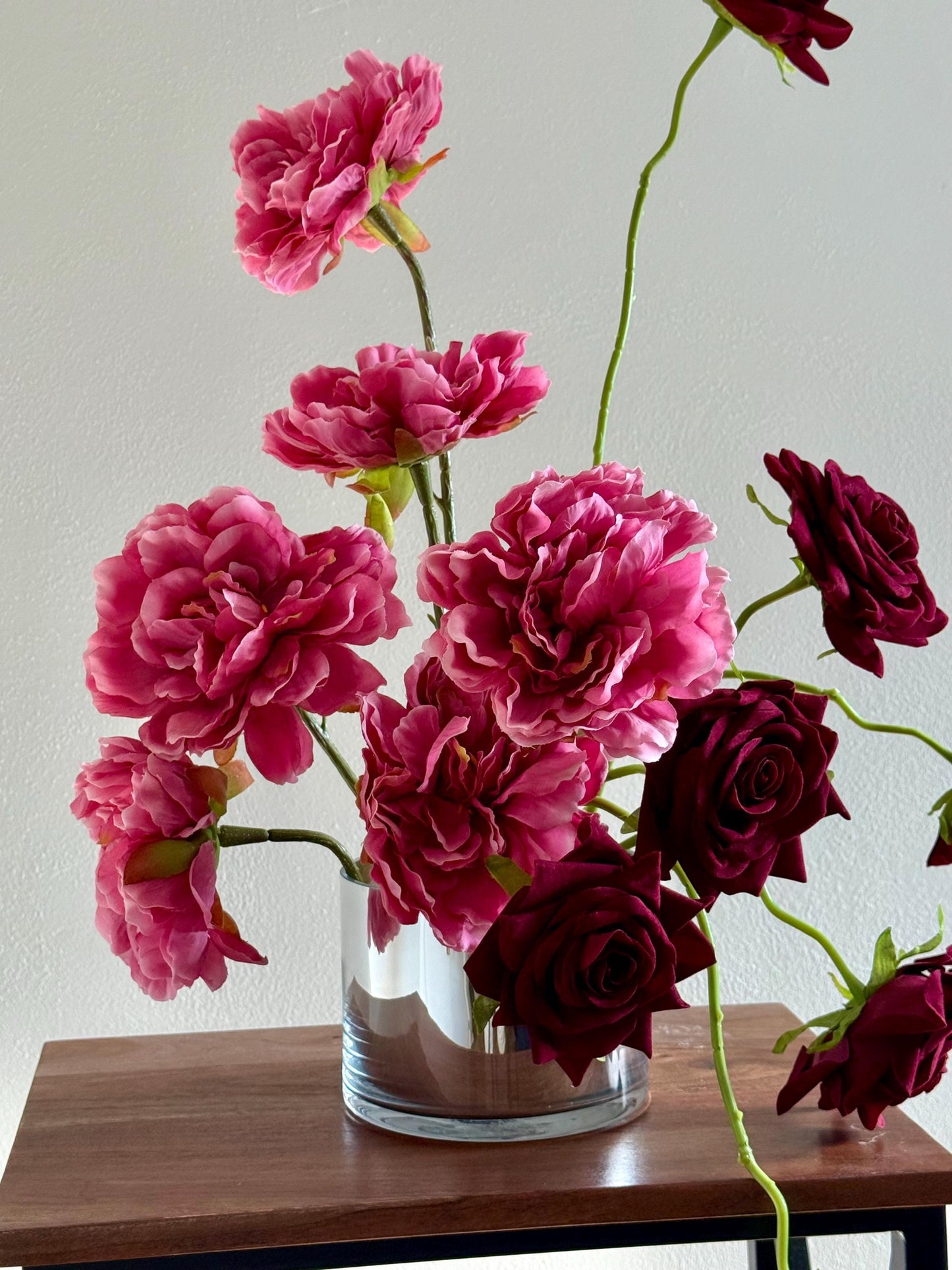 Velvet Rose & Real Touch Peony Faux Floral Arrangement in Glass Vase