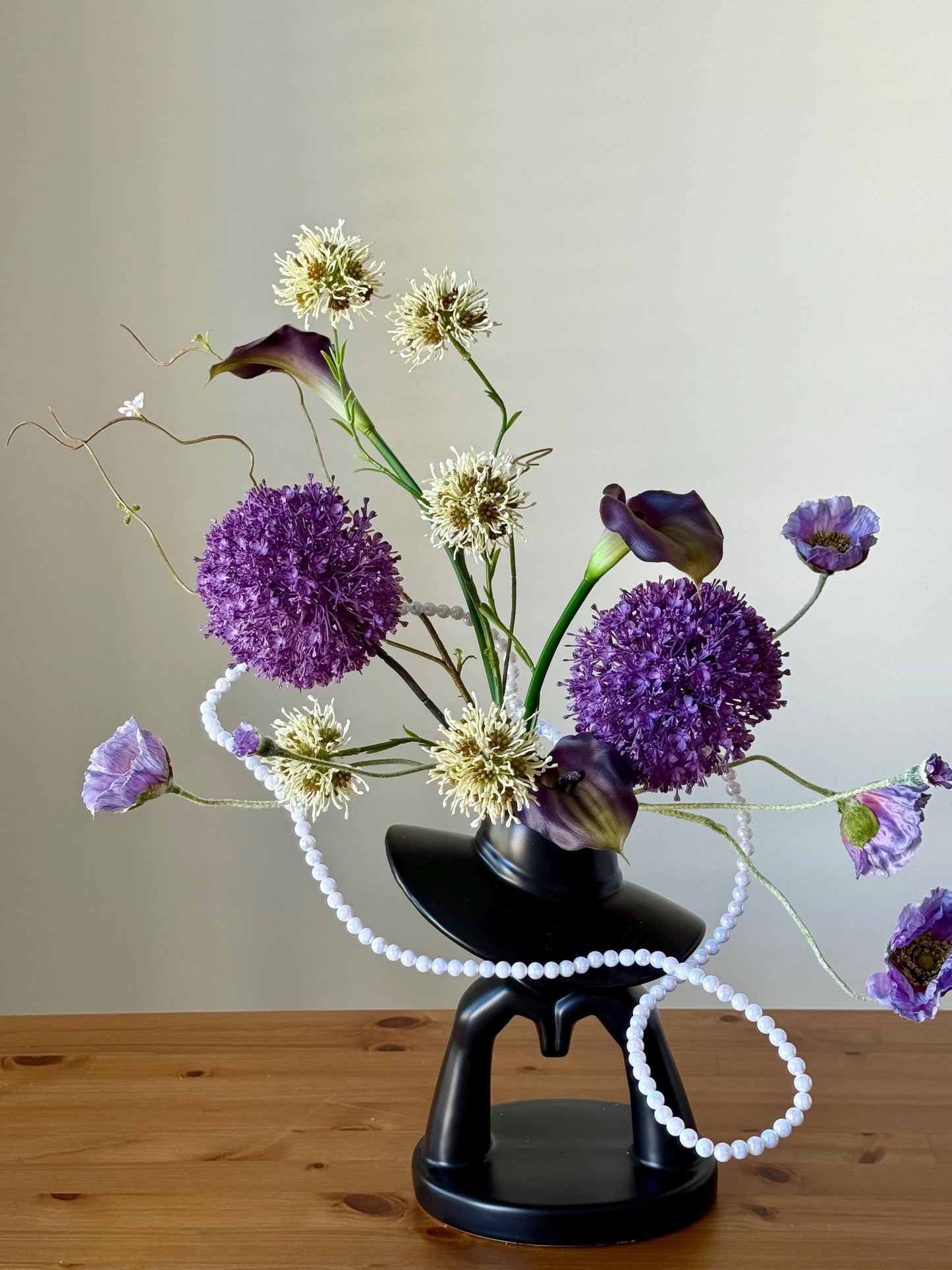 Modern Silk Flower Arrangement in Black Ceramic Vase – Purple Allium, Calla Lilies & Poppies