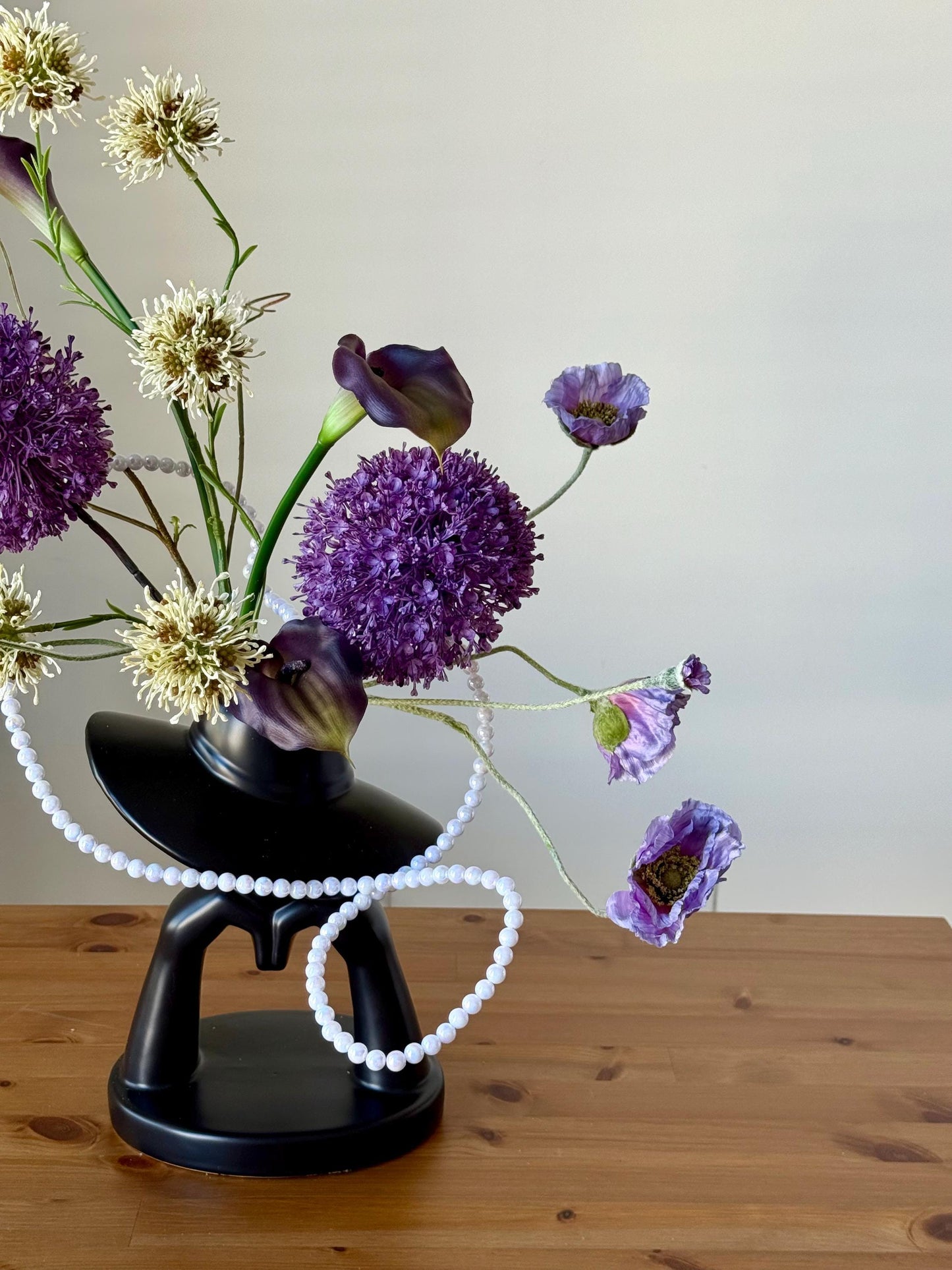 Modern Silk Flower Arrangement in Black Ceramic Vase – Purple Allium, Calla Lilies & Poppies