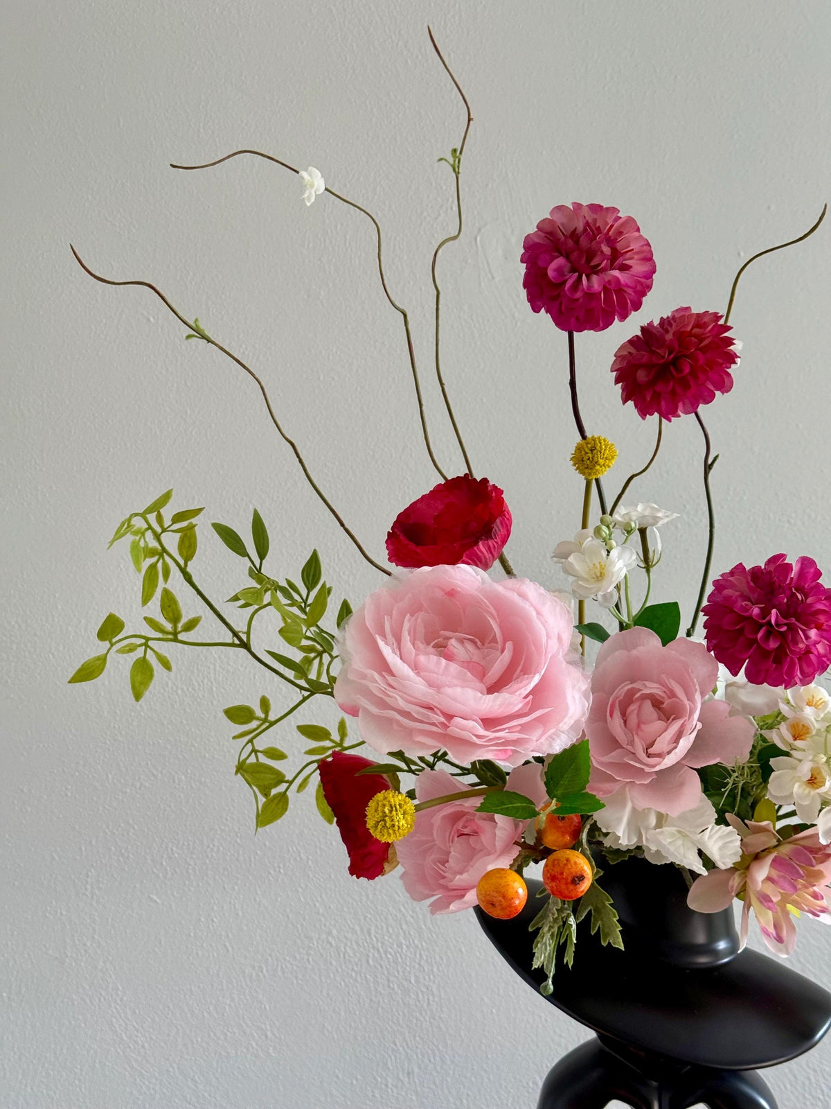 Faux Flower Arrangement, Dahlias, Garden Roses, Black Vase