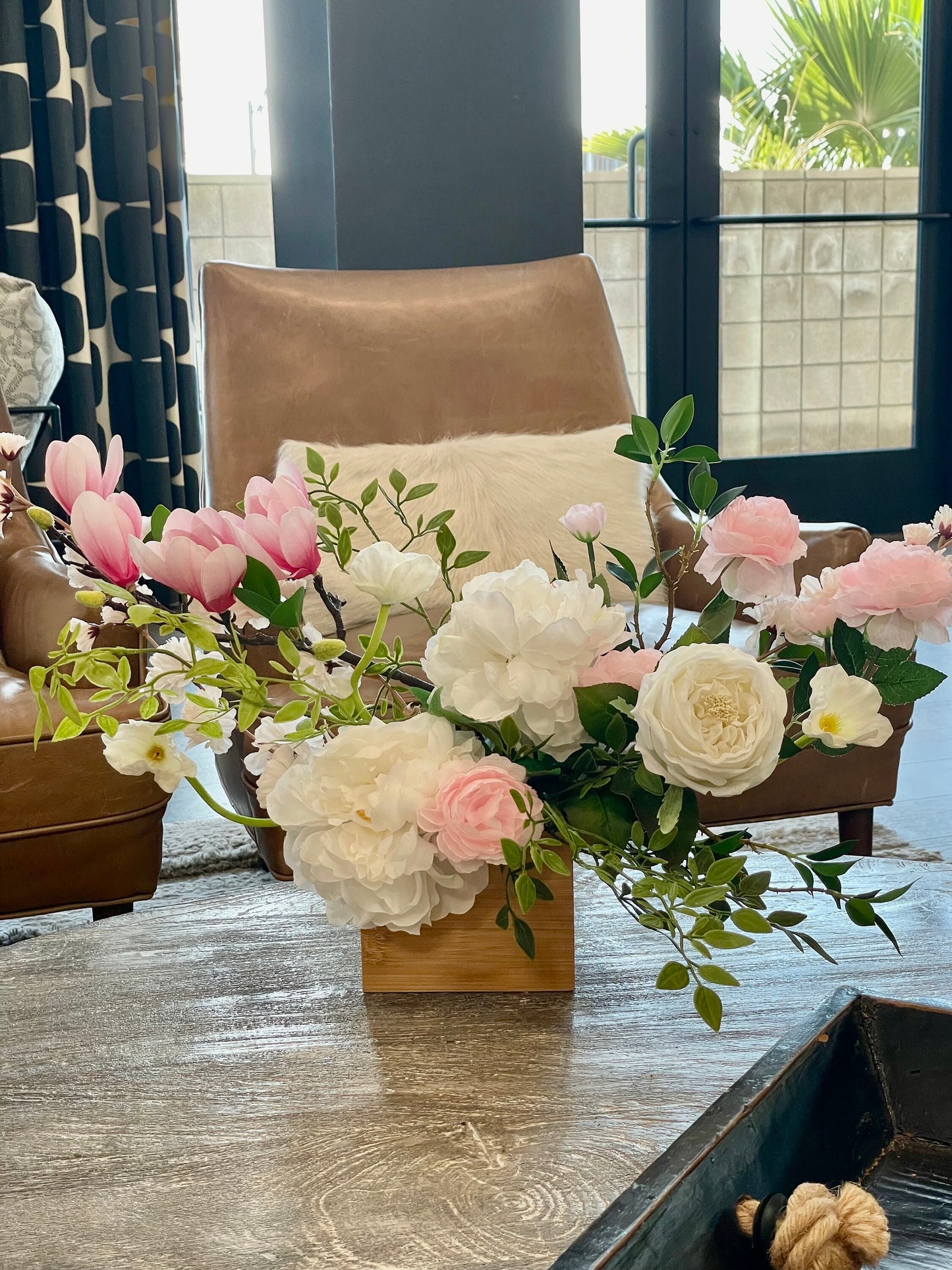 Handmade Magnolia & Rose Arrangement: Real-Touch Silk Flowers in Wood Vase