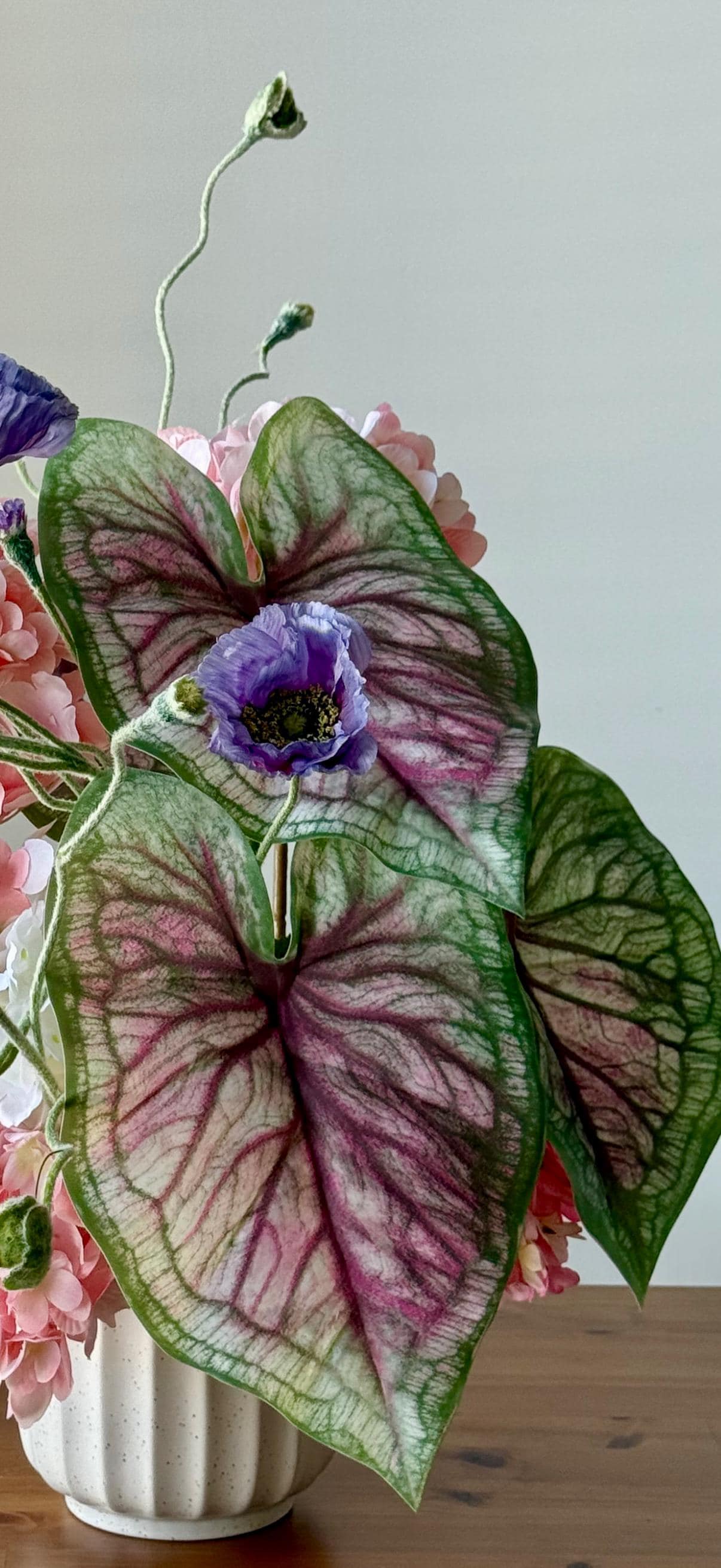 Modern Silk Floral Arrangement: Caladium, Poppy & Hydrangea Centerpiece
